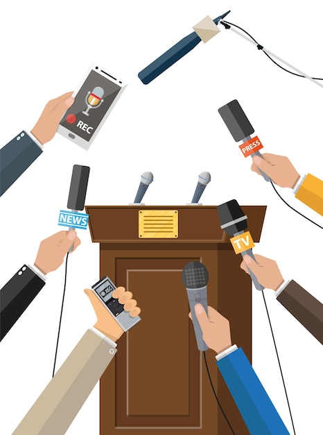 Tribune Et Mains De Journalistes Avec Microphones