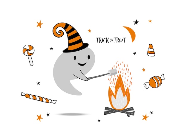 Trick Or Treat Halloween Carte. Un Fantôme Mignon Rôtit Des Guimauves Sur Un Bâton Au-dessus D'un Feu De Joie. Fantôme Souriant