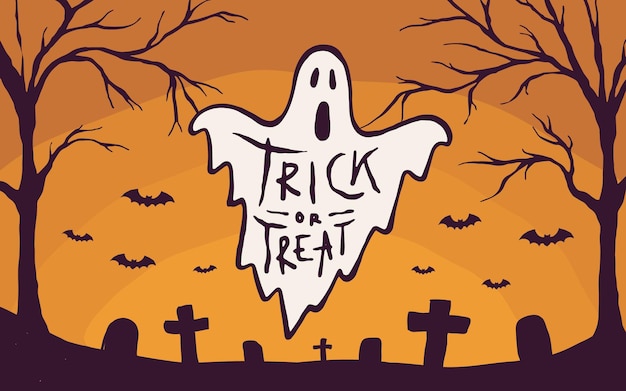 Trick or Treat lettrage avec fond fantôme et cimetière