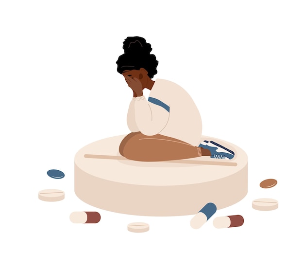 Triste Femme Africaine Assise Sur Une Grosse Pilule Concept De Troubles Mentaux Antidépresseurs Vitamines Et Médicaments Hormonaux Adolescent Déprimé A Besoin De Soins Médicaux Illustration Vectorielle En Style Cartoon Plat