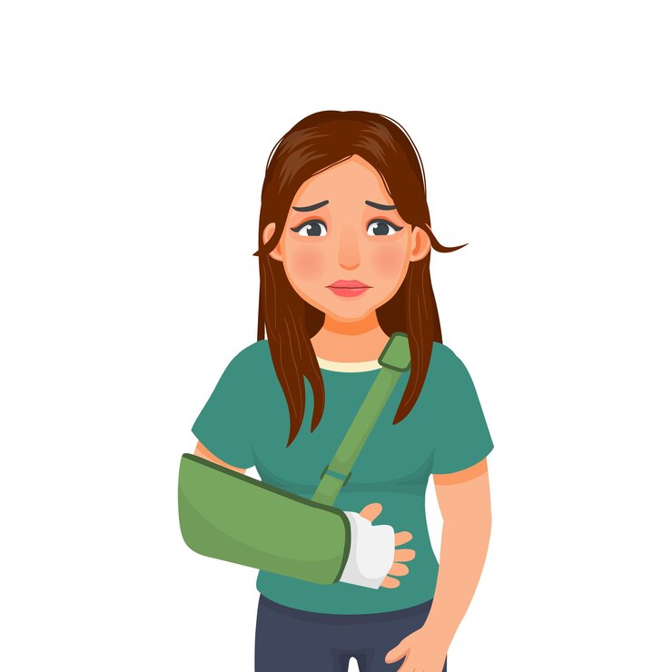 Vecteur triste jeune femme avec un bras cassé souffrant d'une blessure à la main portant une attelle de main avec une écharpe de bras