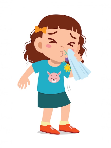Vecteur triste petite fille mignonne éternue à cause de la grippe