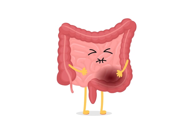 Triste Souffrant De Douleur Intestinale Malade Personnage De Dessin Animé Cavité Abdominale Digestive Et Excrétion Humaine