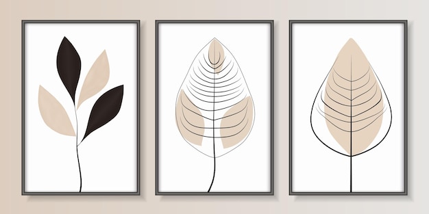 Trois affiches encadrées avec des feuilles abstraites en couleurs pastel Illustration vectorielle