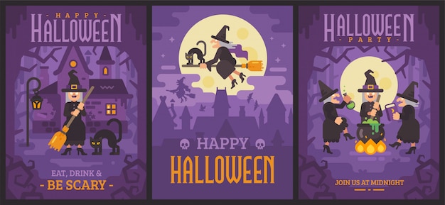 Vecteur trois affiches d'halloween avec de vieilles sorcières