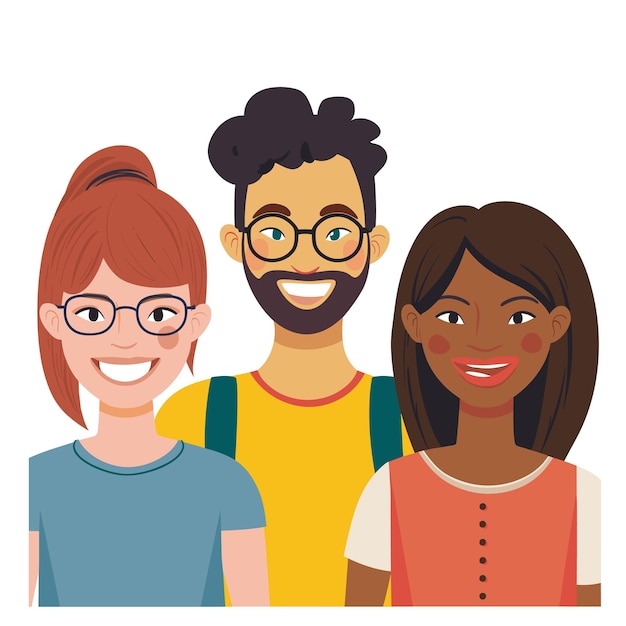 Trois amis heureux souriant ensemble un homme deux femmes groupe diversifié tenue décontractée amicale