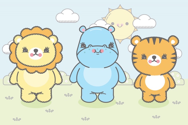 Trois Animaux De La Jungle Mignons De Style Kawaii. Prime