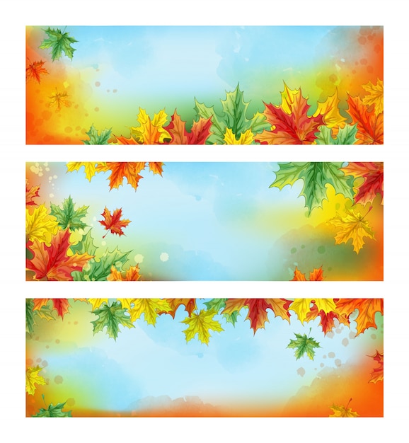 Vecteur trois bannières d'automne horizontales. feuilles d'érable déchu de couleur automne
