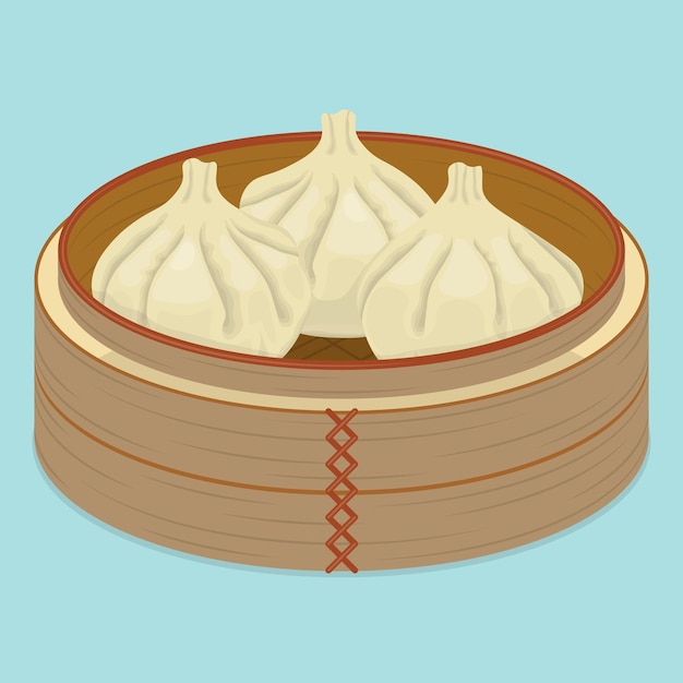Trois baozi cuits à la vapeur dans un bol en bois