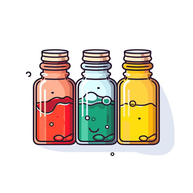 Vecteur trois bouteilles de couleurs différentes sont représentées sur un fond blanc.