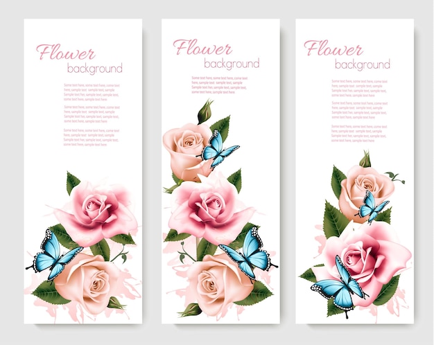 Trois cartes de vœux avec des fleurs et des papillons colorés. Illustration vectorielle