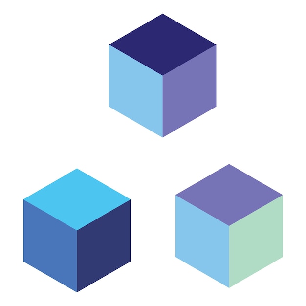 trois cubes de différentes couleurs et un bleu et violet