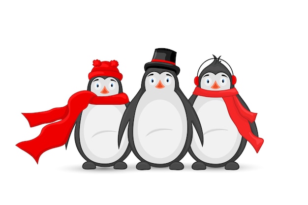 Trois écouteurs d'hiver pingouin polaire, casquette, bonnet et écharpe.