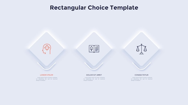 Trois éléments carrés placés dans une rangée horizontale Concept de 3 étapes de la stratégie de développement commercial Modèle de conception infographique neumorphique Illustration vectorielle plane moderne pour la présentation de l'entreprise