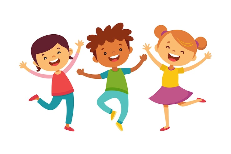 Vecteur trois enfants jouent et sourient.