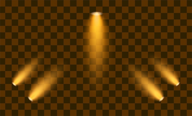 Vecteur trois faisceaux de projecteurs orange doux sur un fond transparent lumières chaudes brillantes parfaites pour le théâtre de scène ou pour mettre en lumière des concepts de conception dans des présentations ou des médias visuels
