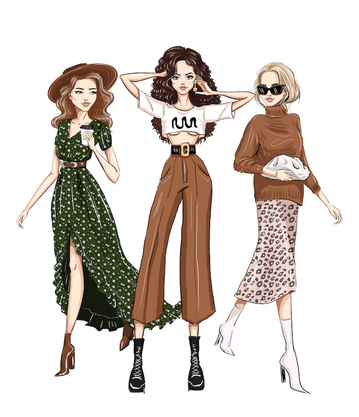 Vecteur trois femmes élégantes dans des vêtements à la mode