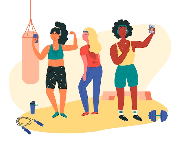 Trois femmes faisant des enregistrements de selfie en sueur pendant la séance de gym. Filles asiatiques, noires et blanches travaillant.