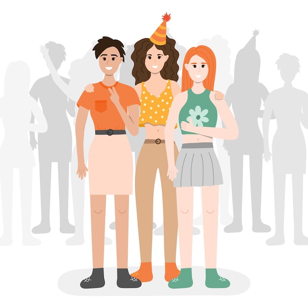 Trois Femmes à La Fête Se Tiennent Devant La Foule étreignant En Souriant En Prenant Une Photo Gens Heureux Célébrant Avec Des Chapeaux De Fête Concept De Célébration De Vacances Illustration Vectorielle S'amuser Avec Des Amis