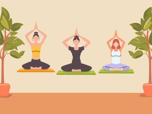 Trois femmes pratiquent le yoga à l'intérieur assises dans la position du lotus.