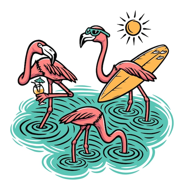 Trois Flamants Roses Mignons Sur La Plage