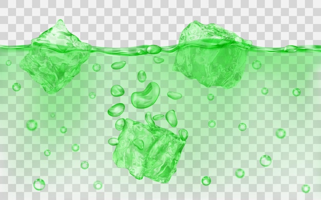 Trois Glaçons Verts Translucides Et De Nombreuses Bulles D'air Flottant Dans L'eau Sur Fond Transparent. Transparence Uniquement Au Format Vectoriel