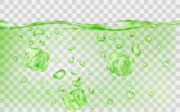 Trois glaçons verts translucides et de nombreuses bulles d'air sous la surface de l'eau sur fond transparent. Transparence uniquement en format vectoriel
