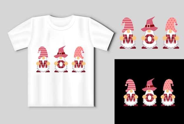 Trois Gnomes Tenant Le Mot Mom Sur L'illustration Vectorielle De La Fête Des Mères Sur La Maquette Du T-shirt