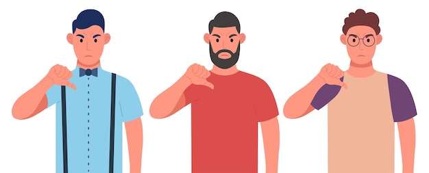 Trois hommes en colère différents montrant un geste de signe de pouce vers le bas. N'aime pas, les émotions négatives font face au concept d'expression. Jeu de caractères. Illustration vectorielle.