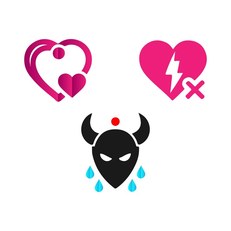 Trois icônes symboliques représentant l'amour, le chagrin et le rejet.
