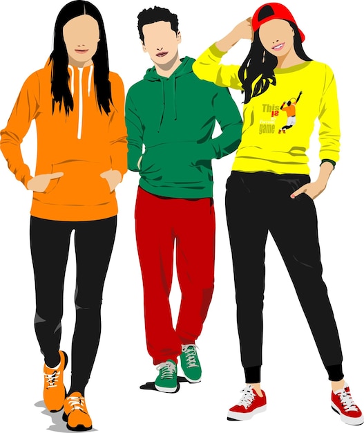 Vecteur trois jeunes athlètes costume de sport deux filles et garçon vector illustration 3d