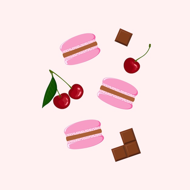 Trois macarons français sur fond rose Macarons colorés aux cerises et chocolat