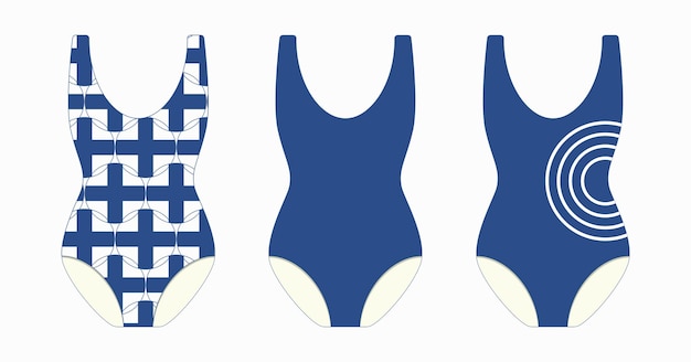 Trois maillots de bain bleus sur fond blanc.