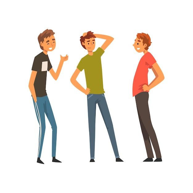 Vecteur trois meilleurs amis masculins souriants parlant ensemble illustration vectorielle d'amitié masculine isolée sur fond blanc