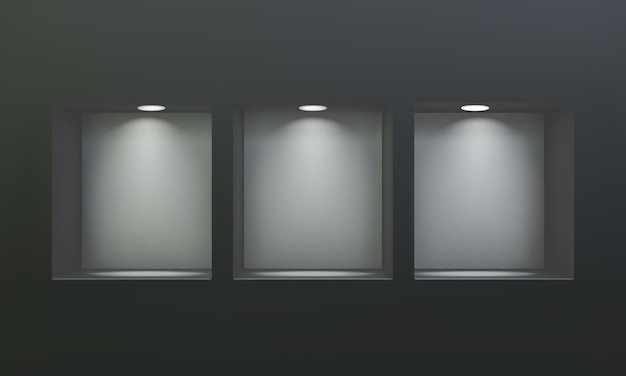 Trois niches ou étagères vides sur le mur noir avec maquette 3D de projecteur LED