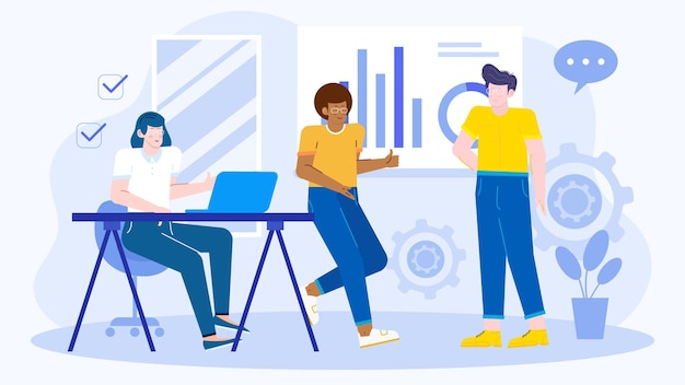 Trois personnes d'une équipe d'affaires ont une réunion pour discuter de l'augmentation des affaires avec des graphiques et des diagrammes au bureau