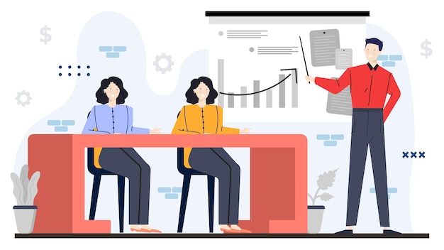 Trois personnes expliquent sur le diagramme d'augmentation des affaires sur le bureau