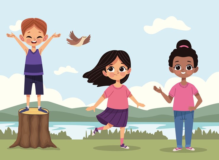 Vecteur trois petits enfants en paysage