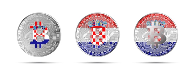 Vecteur trois pièces de monnaie crypto bitcoin avec le drapeau de la croatie monnaie du futur illustration vectorielle de crypto-monnaie moderne