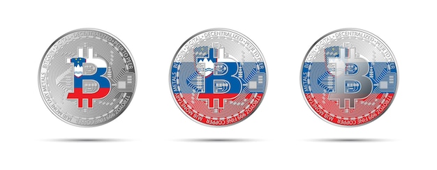 Vecteur trois pièces de monnaie crypto bitcoin avec le drapeau de la slovénie monnaie du futur illustration vectorielle de crypto-monnaie moderne