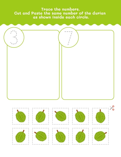 Vecteur trois et sept comptage et traçage du numéro feuille de travail couper et coller feuille de travaux avec des images élément vectoriel premium