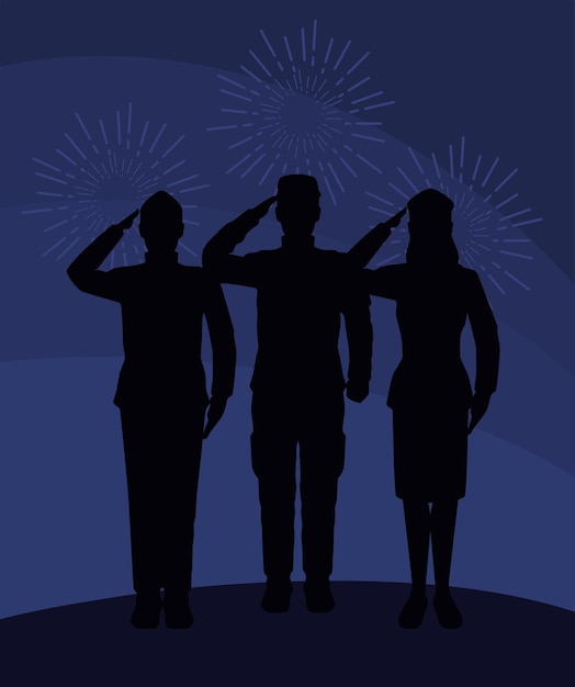 Vecteur trois silhouettes militaires saluantes