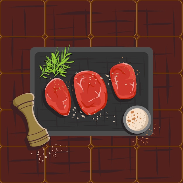 Trois steaks de côtes crus sur plaque chauffante noire