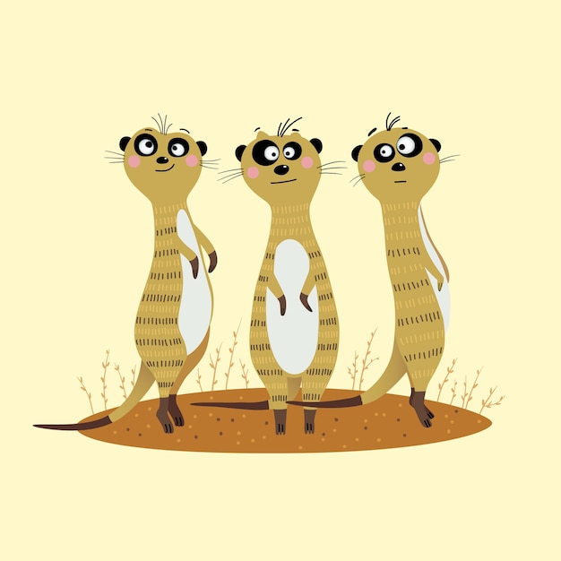 Trois Suricates Mignons Debout Sur Le Sable Et Regardant Prudemment Sur Le Côté.