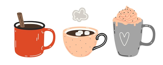 Trois tasses de boissons chaudes. Ensemble d'illustrations vectorielles à plat