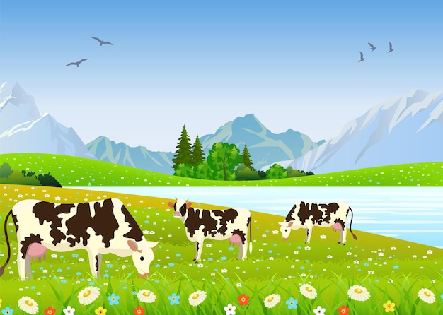 Trois Vaches Dans Un Paysage Et Une Ferme. Prairies Et Montagnes Concept D'aliments Biologiques Et Naturels. Illustration Vectorielle