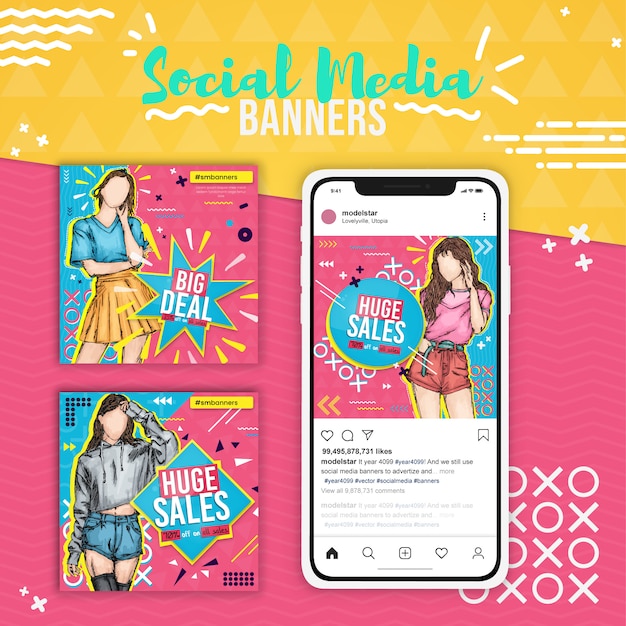 Trois ventes de mode, bannières de médias sociaux pop art