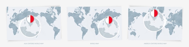 Vecteur trois versions de la carte du monde avec la carte agrandie de malte avec le drapeau