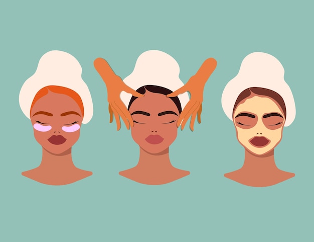 Vecteur trois visages de femme dans les procédures de spa - massage du visage, masque facial. salon de beauté, affiche du centre de bien-être