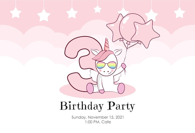 Troisième année de naissance. Invitation d'anniversaire pour bébé fille mignon ballons licorne et nuages en rose